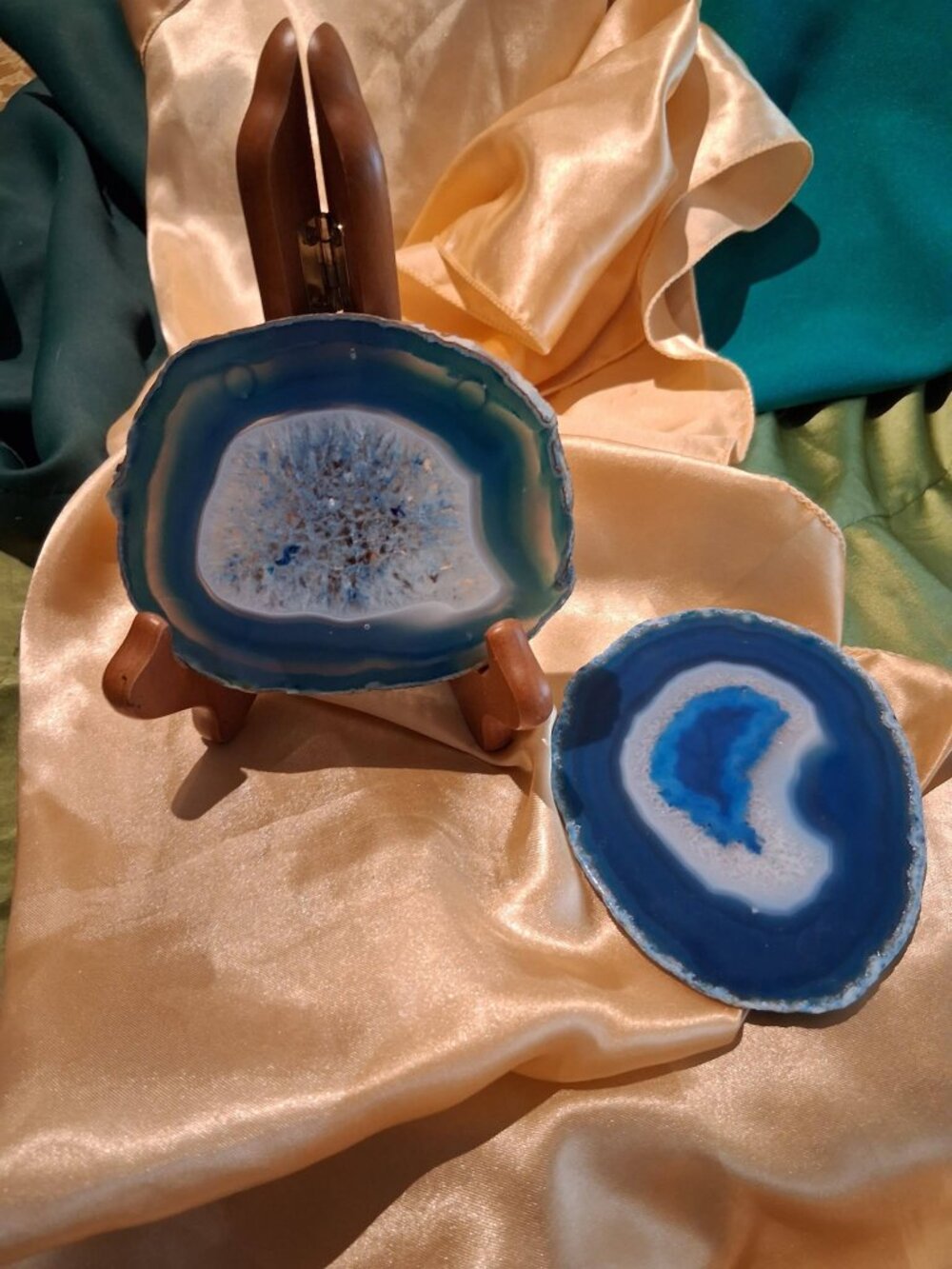 MCM Brazilian Blue Agate Slice Coasters Set of 2 Natural Raw Edge Crystal Geodes